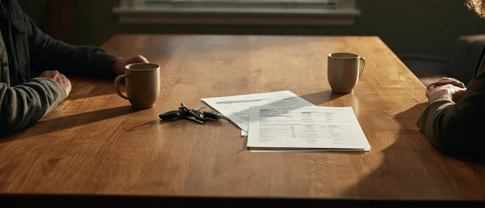 Two people seated at either end of a kitchen table with loan paperwork, coffee mugs and car keys between them