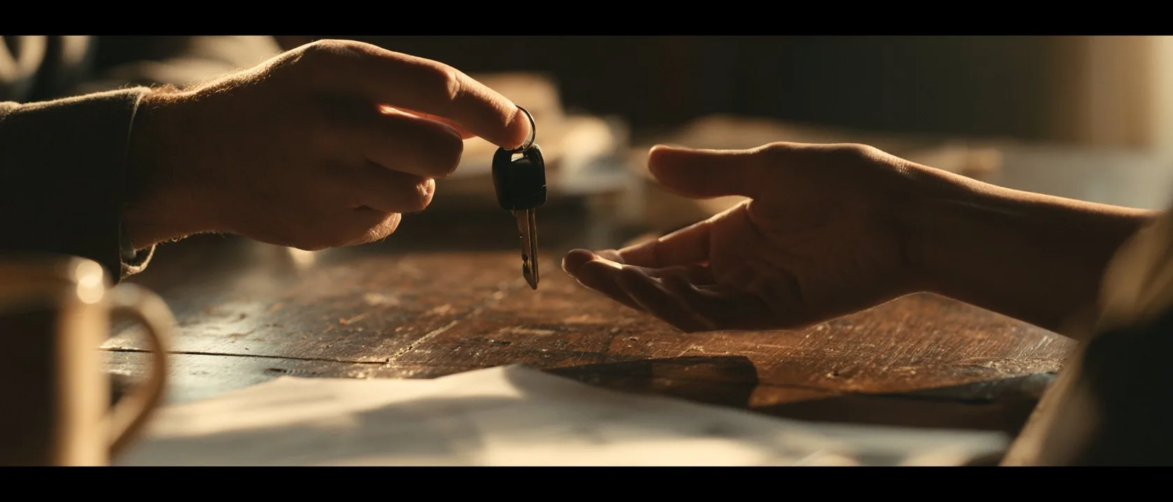 One person handing a single car key across a wooden desk to another, loan paperwork in the foreground