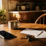 A phone, coffee, unopened envelopes, and house keys on a sunlit kitchen table in Des Moines — pausing to find a safer option before taking a payday loan