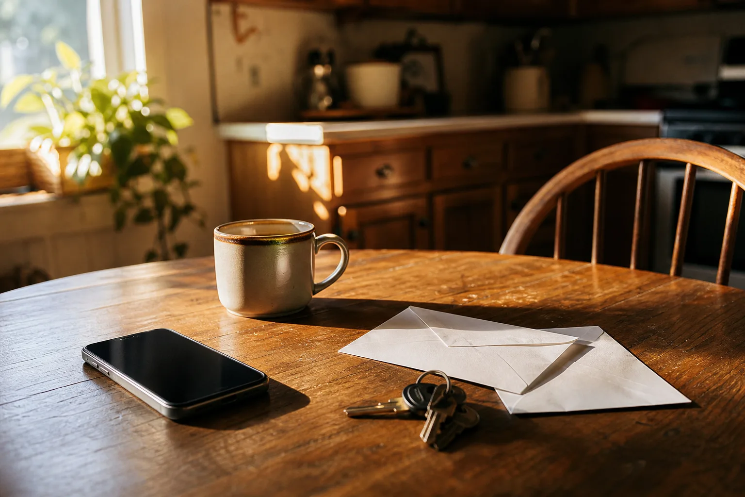 A phone, coffee, unopened envelopes, and house keys on a sunlit kitchen table in Des Moines — pausing to find a safer option before taking a payday loan