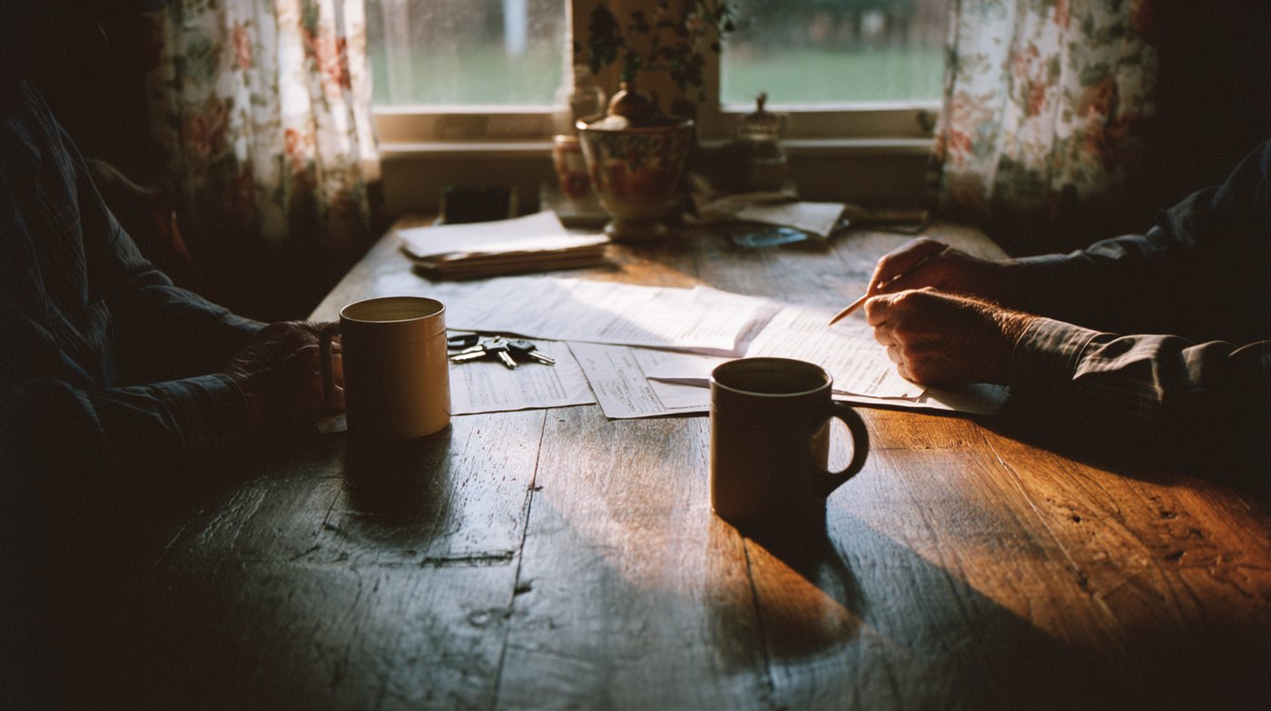 A loan conversation at a kitchen table: coffee, paperwork, and car keys in morning light