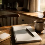 A blank open notebook and pen, a plain new card in its sleeve, coffee, and a tiny windowsill seedling on a sunlit kitchen table in Des Moines — starting to build credit from scratch