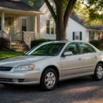A dependable used sedan parked on a tree-lined Des Moines street in morning light