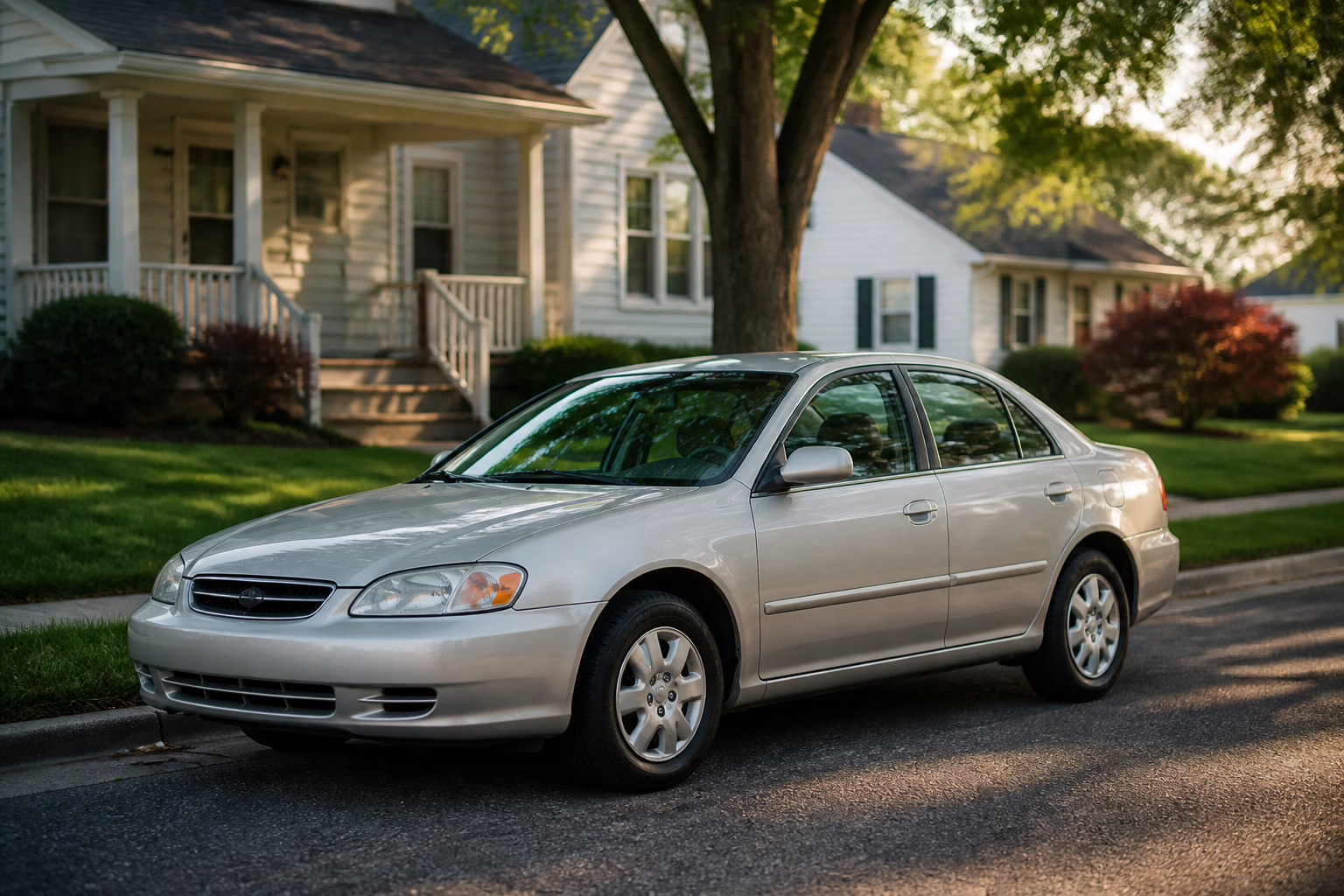 A dependable used sedan parked on a tree-lined Des Moines street in morning light
