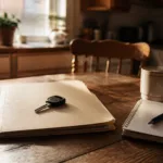 A single car key on a closed folder beside a fresh notebook, pen, and coffee on a sunlit kitchen table in Des Moines — planning a car loan after bankruptcy