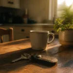 A single car key, coffee, and a small potted plant on a sunlit kitchen table in Des Moines — planning the next car after a repossession
