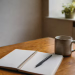 A notebook, pen, and coffee mug on a kitchen table — planning to rebuild credit