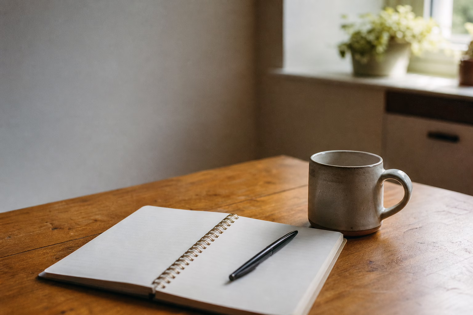 A notebook, pen, and coffee mug on a kitchen table — planning to rebuild credit