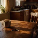 A cup of coffee and house keys on a sunlit kitchen table with a chair pulled out in Des Moines — staying calm and steady after a credit score drop