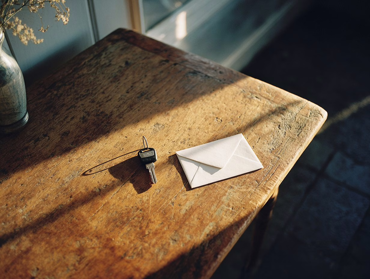 A house key and envelope on a wooden table in morning light