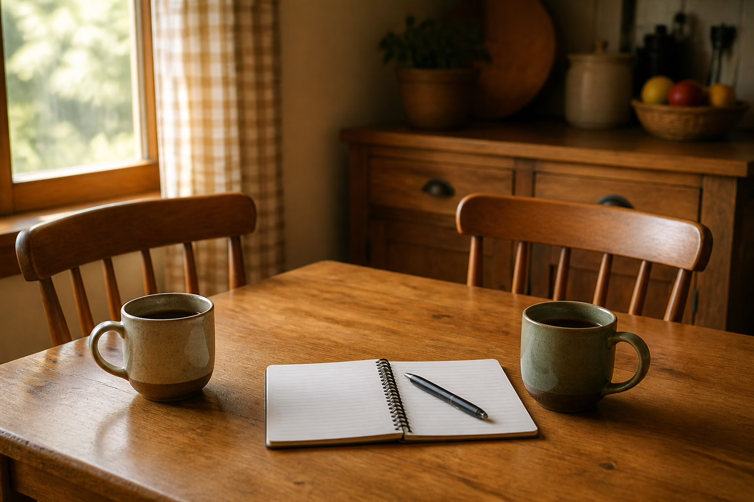 Two coffee mugs and an open notebook at a sunny kitchen table — a welcoming spot to talk through your money
