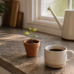 A young potted plant, coffee, and watering can on a kitchen counter in morning light — rebuilding credit takes steady time