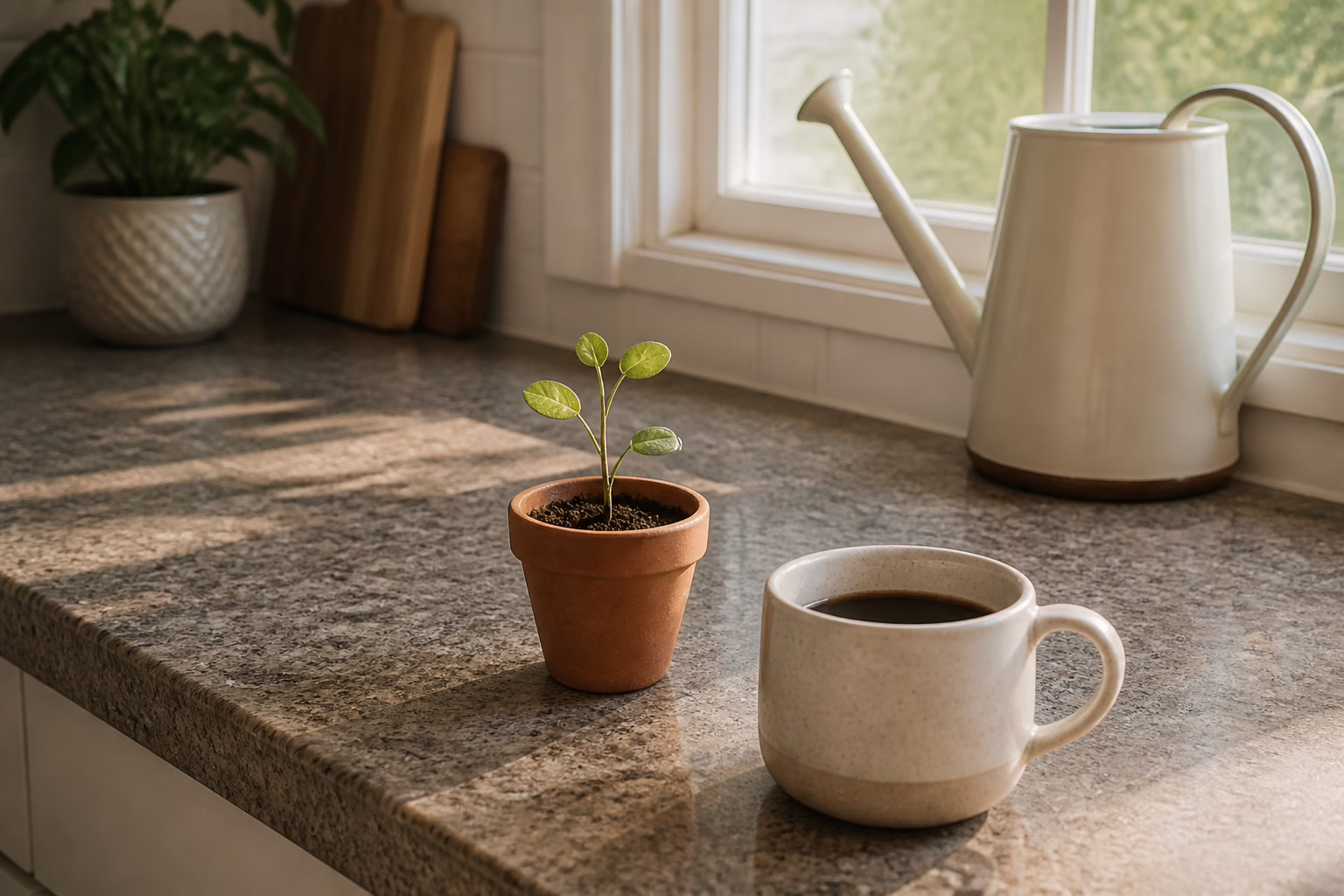 A young potted plant, coffee, and watering can on a kitchen counter in morning light — rebuilding credit takes steady time