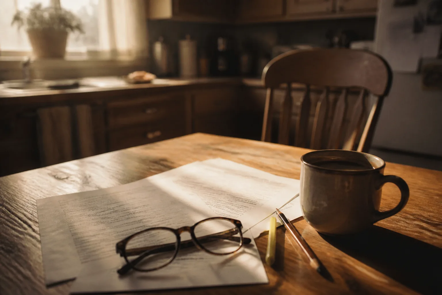 Printed pages, reading glasses, a highlighter, and coffee on a sunlit kitchen table in Des Moines — sitting down to read your credit report without panic