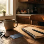 House keys, a card, a coffee mug, and a notebook on a sunlit Des Moines kitchen table — calmly switching banks one step at a time