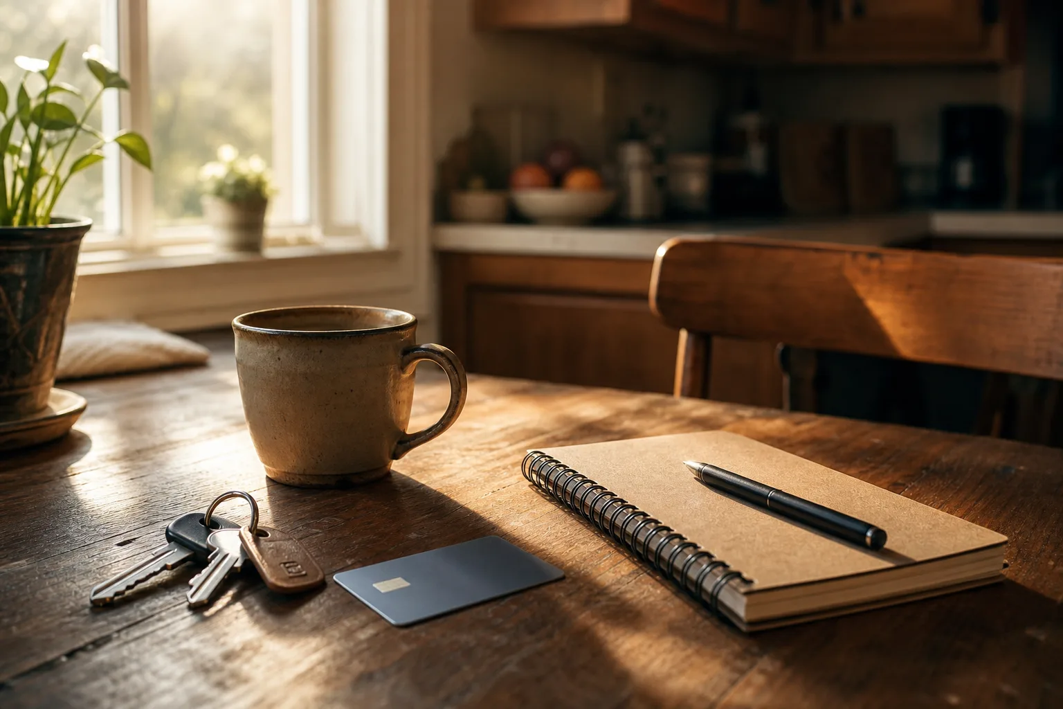 House keys, a card, a coffee mug, and a notebook on a sunlit Des Moines kitchen table — calmly switching banks one step at a time