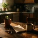 House keys, a plain envelope, a young potted plant, and coffee on a sunlit kitchen table — a fresh start opening a bank account after bankruptcy