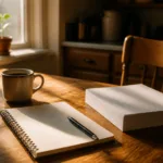 A fresh open notebook and pen, a neat stack of papers, coffee, and a young windowsill seedling on a sunlit kitchen table in Des Moines — the first steps of rebuilding credit after bankruptcy