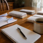 Opened envelopes sorted into piles beside a fresh notebook and pen — getting organized to rebuild credit after collections