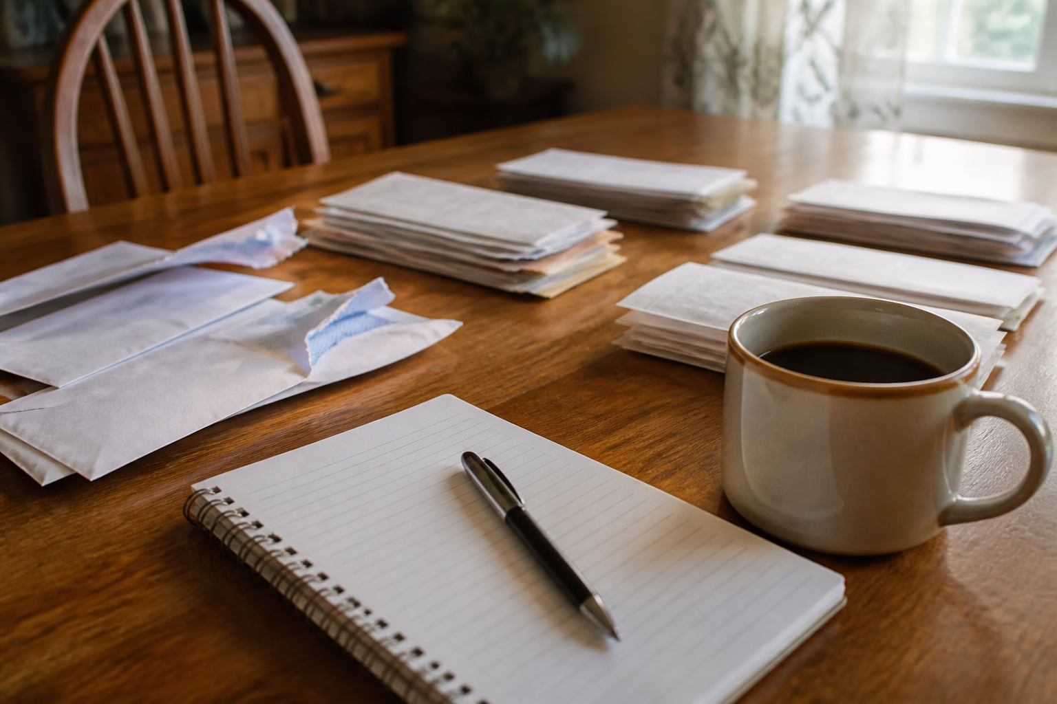 Opened envelopes sorted into piles beside a fresh notebook and pen — getting organized to rebuild credit after collections