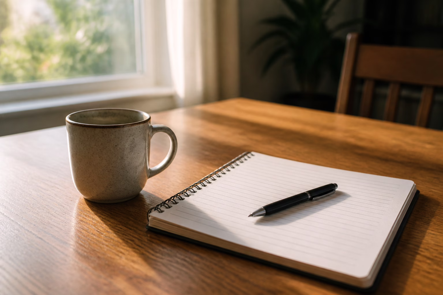 A coffee mug and open notebook on a sunlit table — a calm spot to start