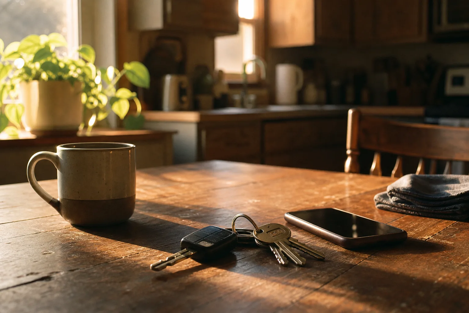 Car keys and house keys beside a phone and coffee on a sunlit kitchen table in Des Moines — keeping what's yours instead of a payday or title loan