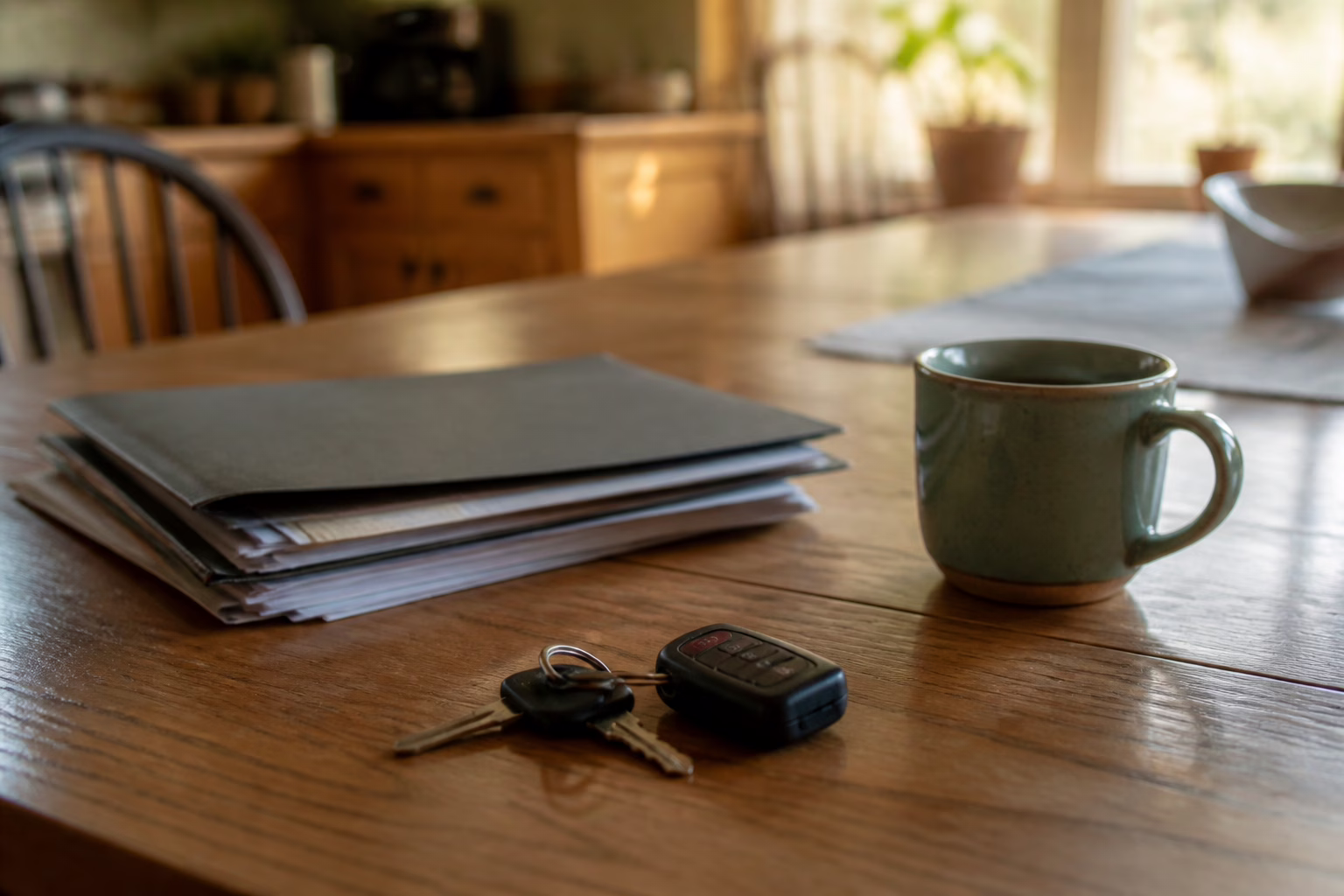 Car keys, a folder of papers and coffee on a kitchen table
