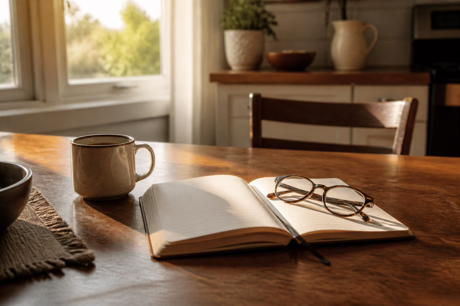 A notebook, reading glasses and coffee on a sunlit kitchen table