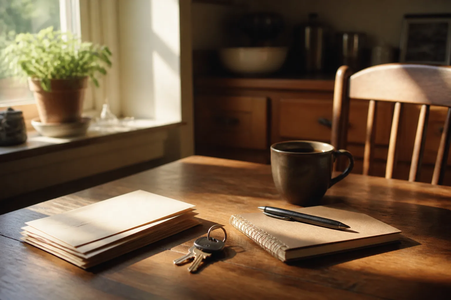 Neatly stacked envelopes, a closed notebook and pen, house keys, and coffee on a sunlit kitchen table in Des Moines — the steady small habits that grow a young credit file