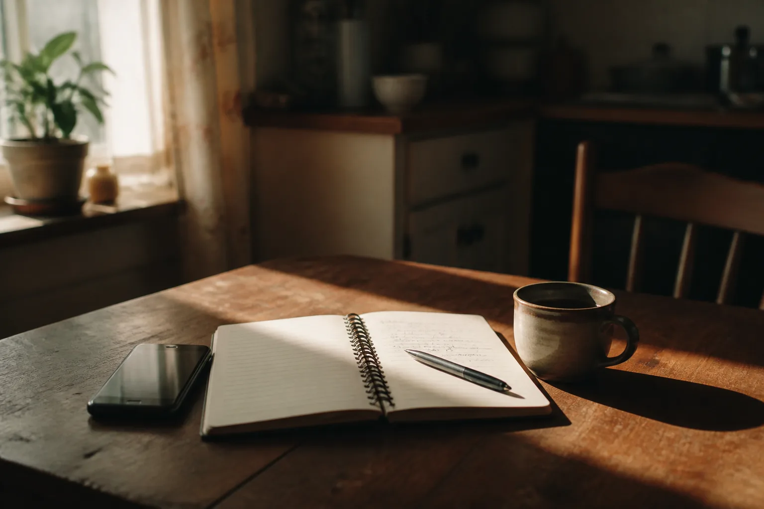 An open notebook and pen, a phone, and coffee on a sunlit kitchen table in Des Moines — making a plan and the call when you can't make a loan payment
