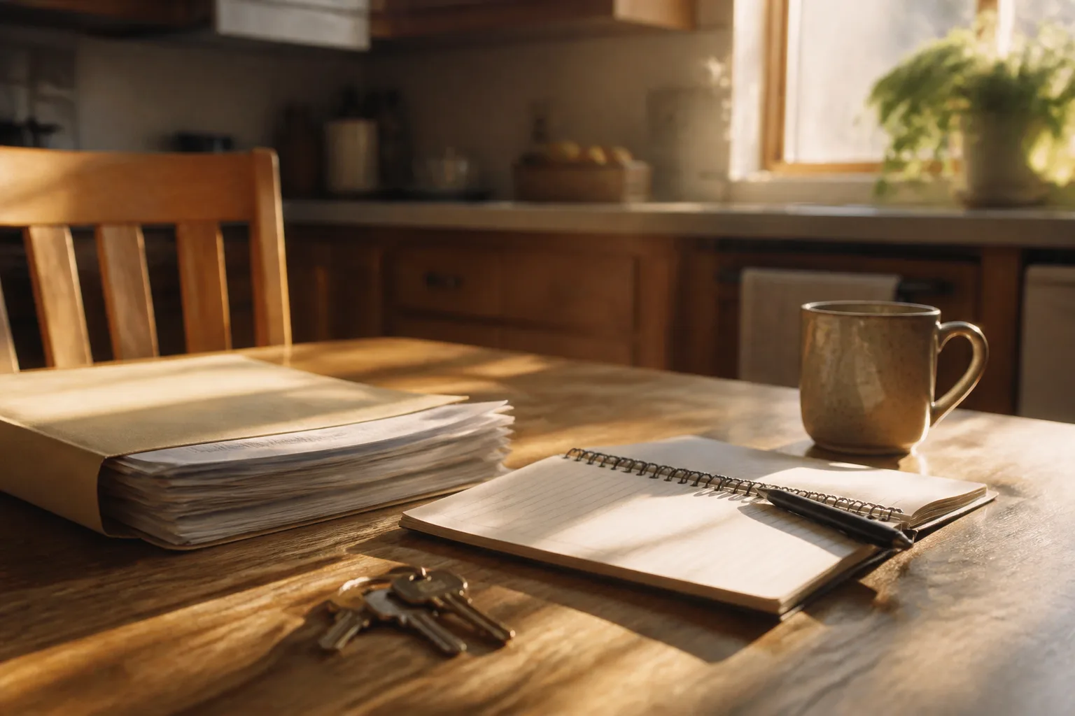 Recent pay stubs, an open budget notebook, house keys, and coffee on a sunlit kitchen table in Des Moines — the present-day income picture a lender reads beyond a bankruptcy
