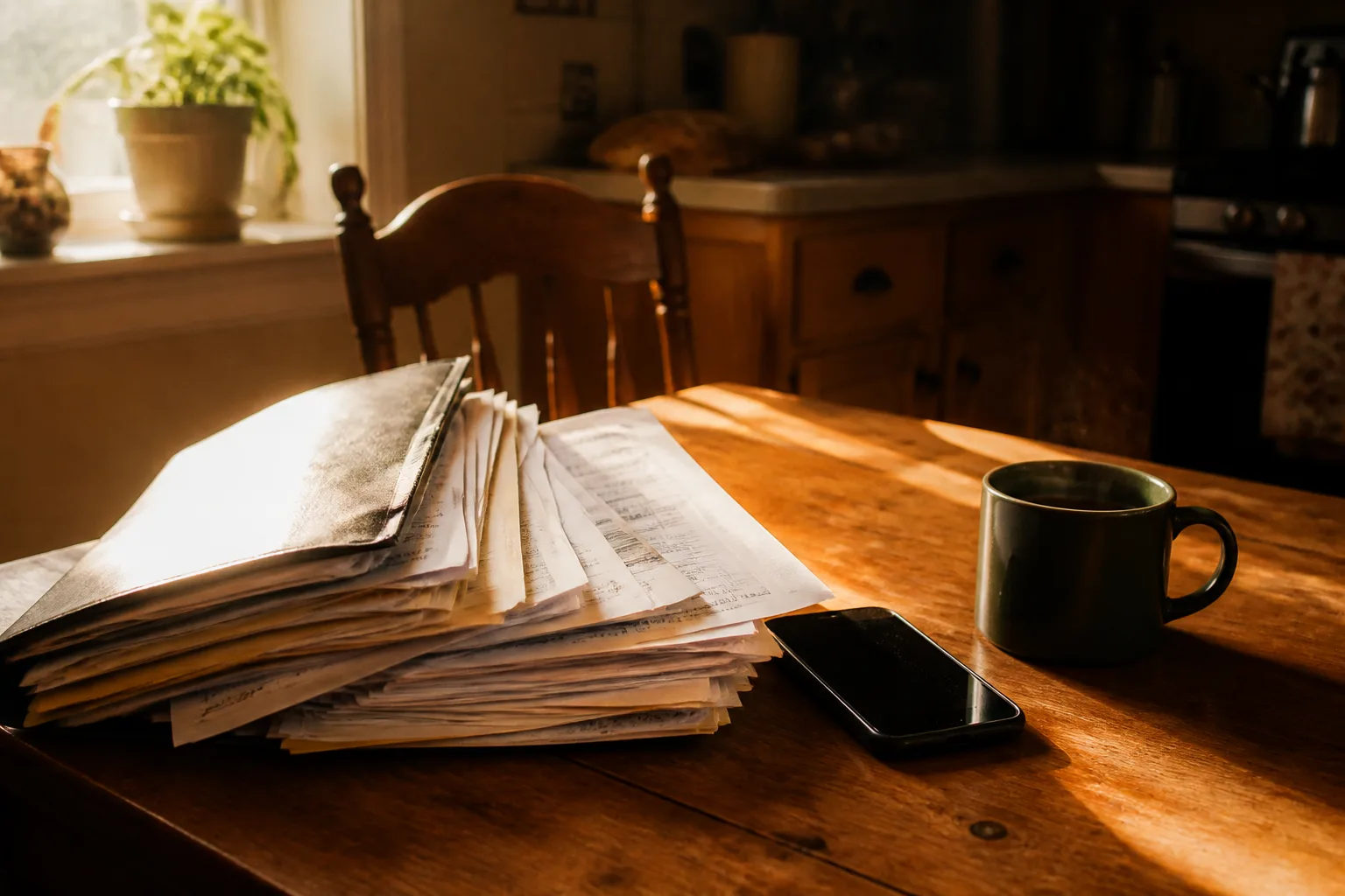 Pay stubs, paperwork, a phone, and coffee on a sunlit kitchen table — the whole picture a lender reads beyond a repossession