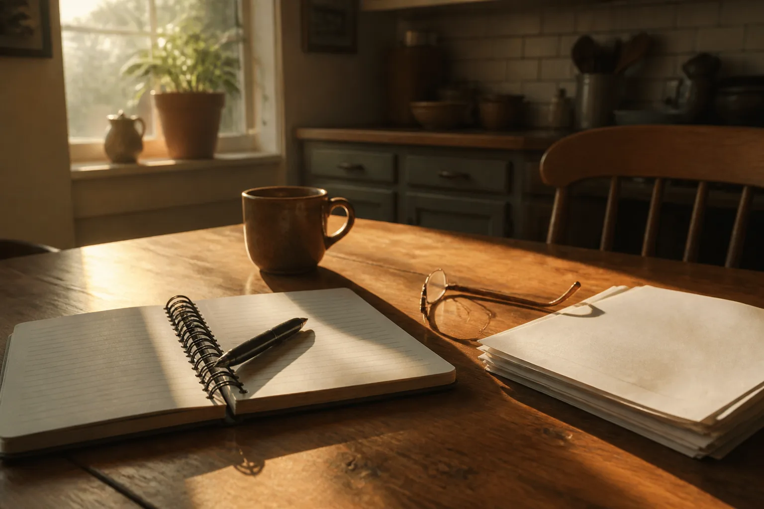 An open notebook and pen, reading glasses, coffee, and a stack of plain papers on a sunlit kitchen table in Des Moines — reading your credit report line by line to find out why a score dropped