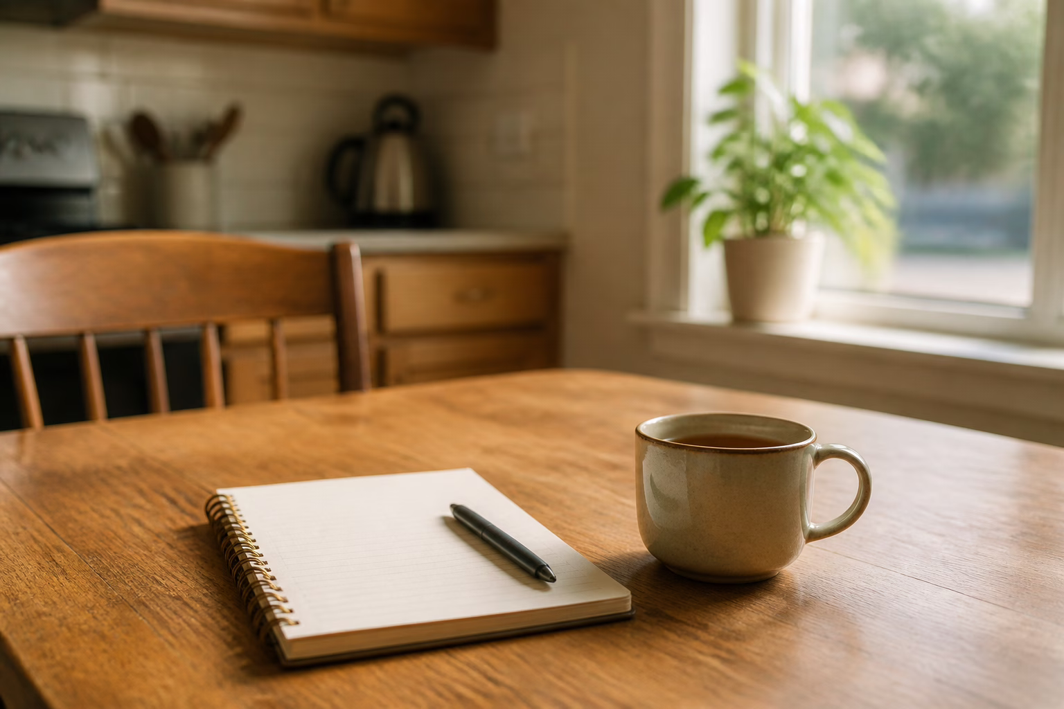 A notebook, tea and a small plant by a window — steady, unhurried work