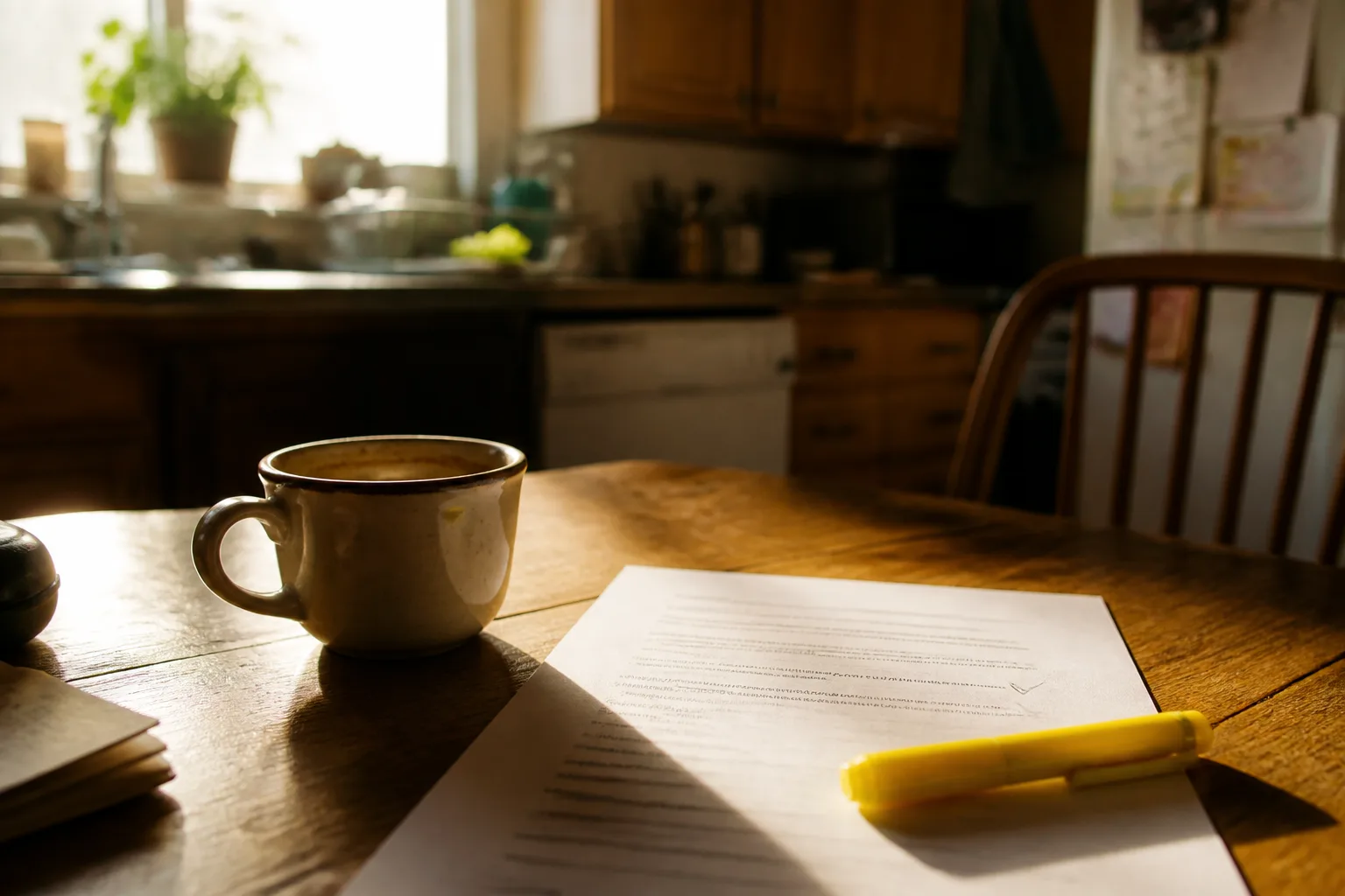 A printed page with a pencil check mark, a highlighter, and coffee on a sunlit kitchen table in Des Moines — checking each line of your credit report against what you know
