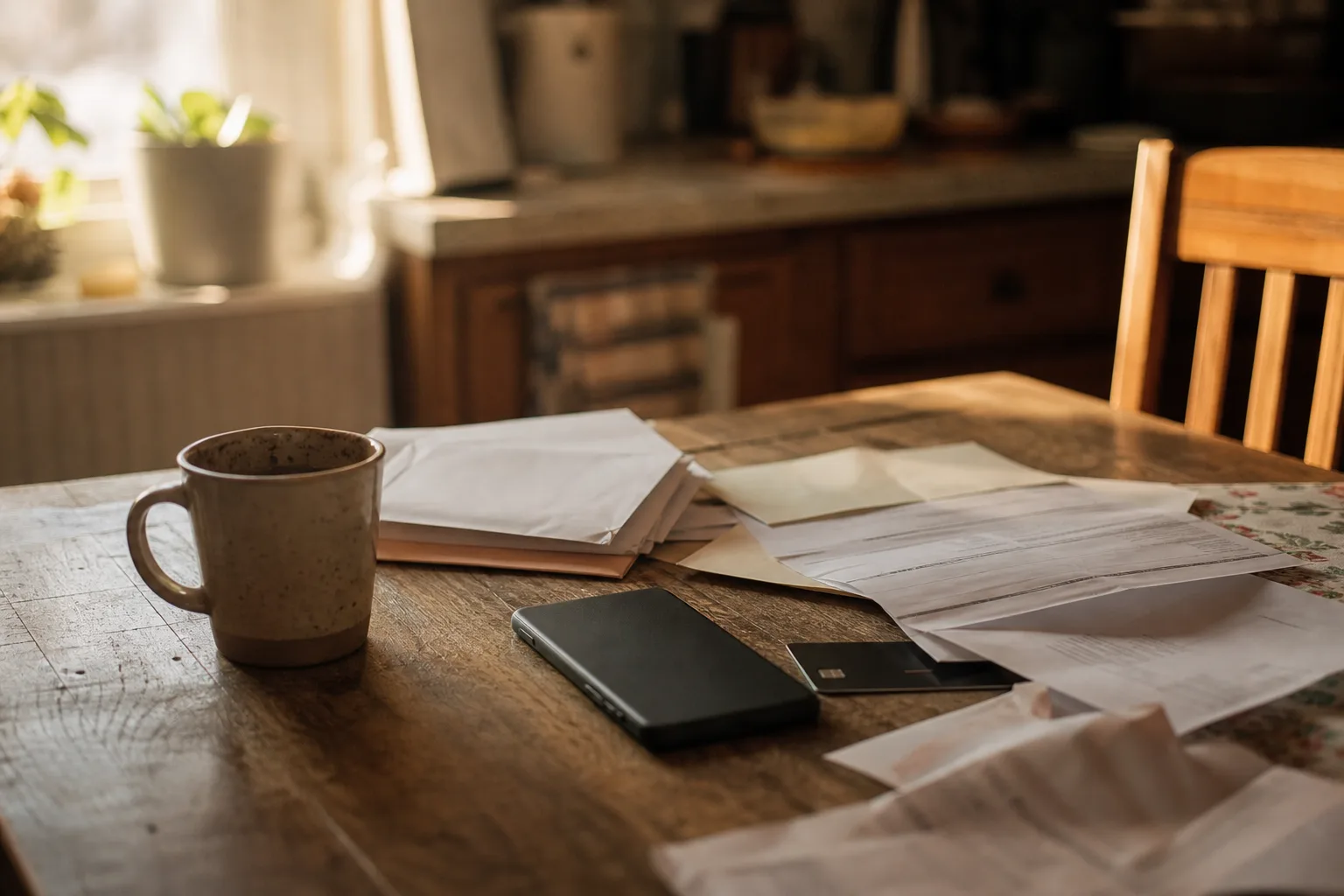 Unopened bills, a phone, and a card on a kitchen table in morning light — the direct-deposit and autopay logistics of switching banks