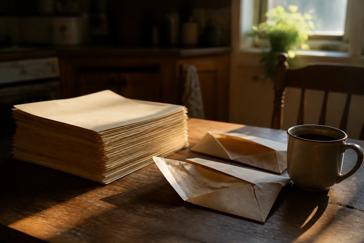 Manila folders and opened envelopes squared into a neat stack beside a coffee mug on a kitchen table — sorting out your banking history