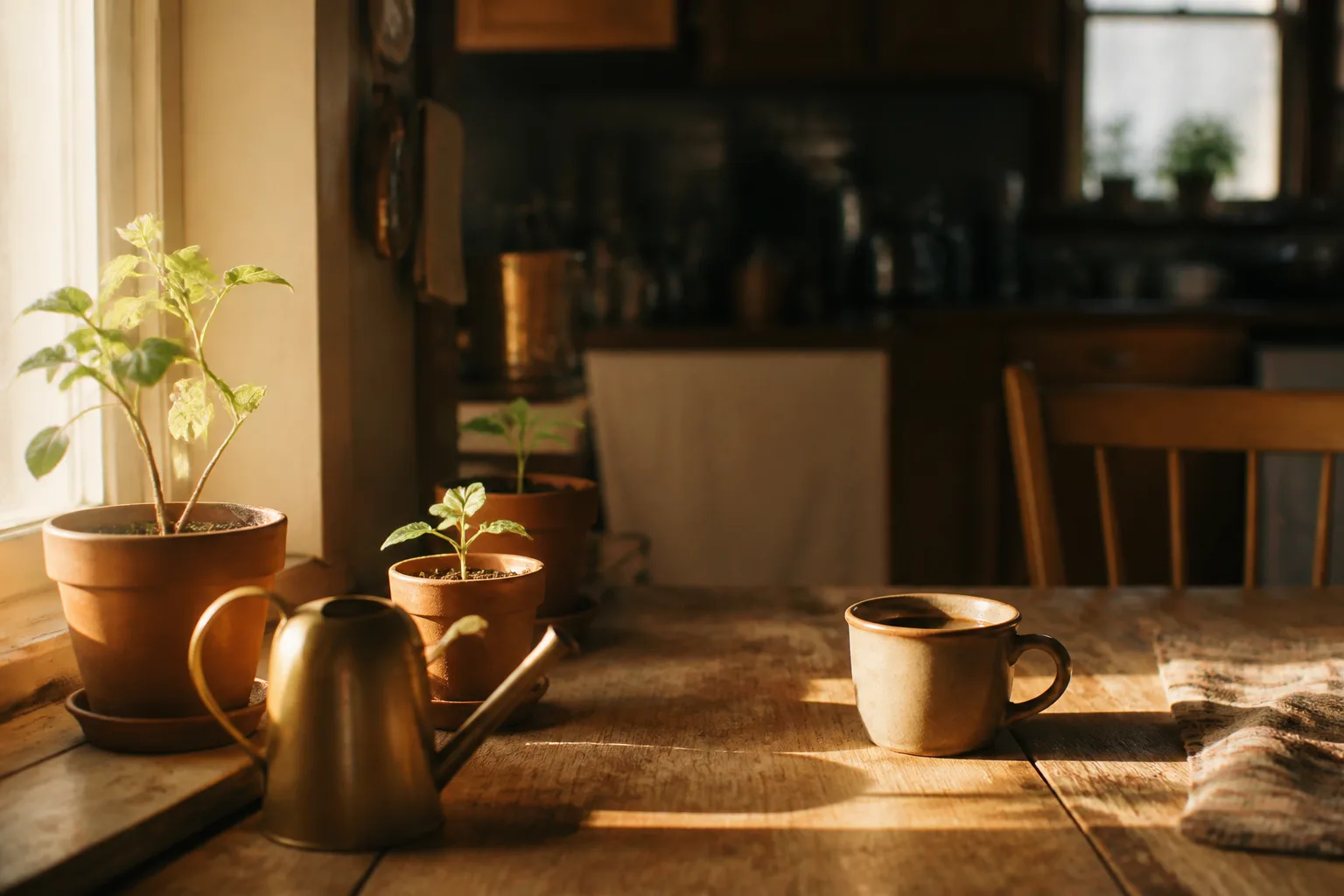 Small potted plants at different stages of growth, a watering can, and coffee on a sunlit kitchen windowsill in Des Moines — steady, step-by-step progress rebuilding credit after bankruptcy