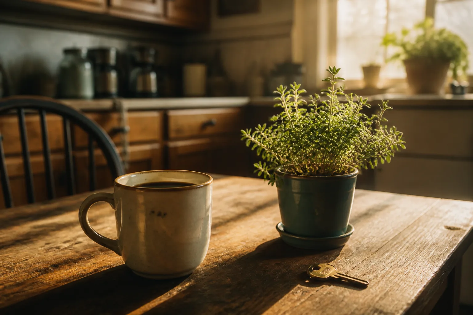 A coffee mug, a small potted herb and a house key on a sunlit kitchen table — an ordinary, welcoming morning