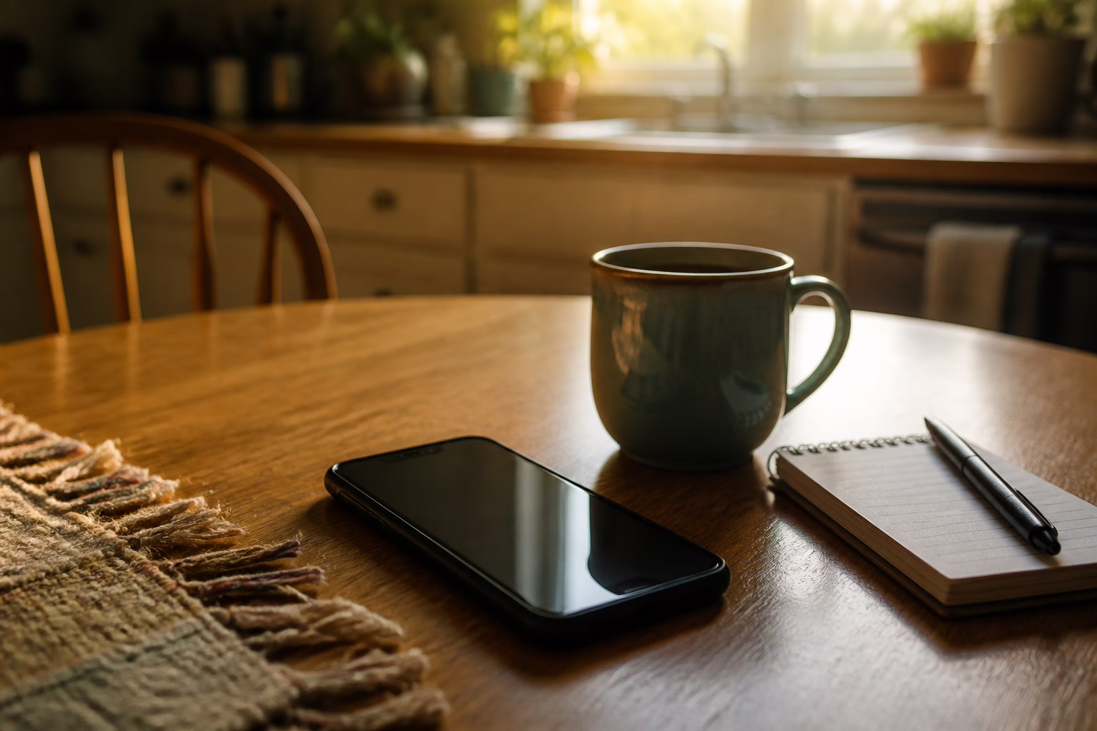 A phone, coffee and notepad on a kitchen table — ready to start a conversation