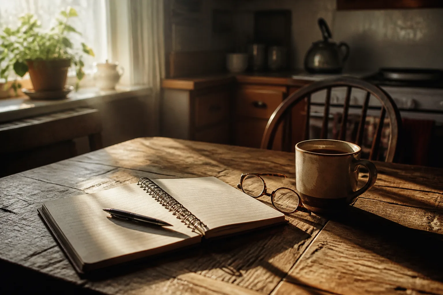 An open notebook, pen, reading glasses and coffee on a sunlit kitchen table — thinking through your car-loan options