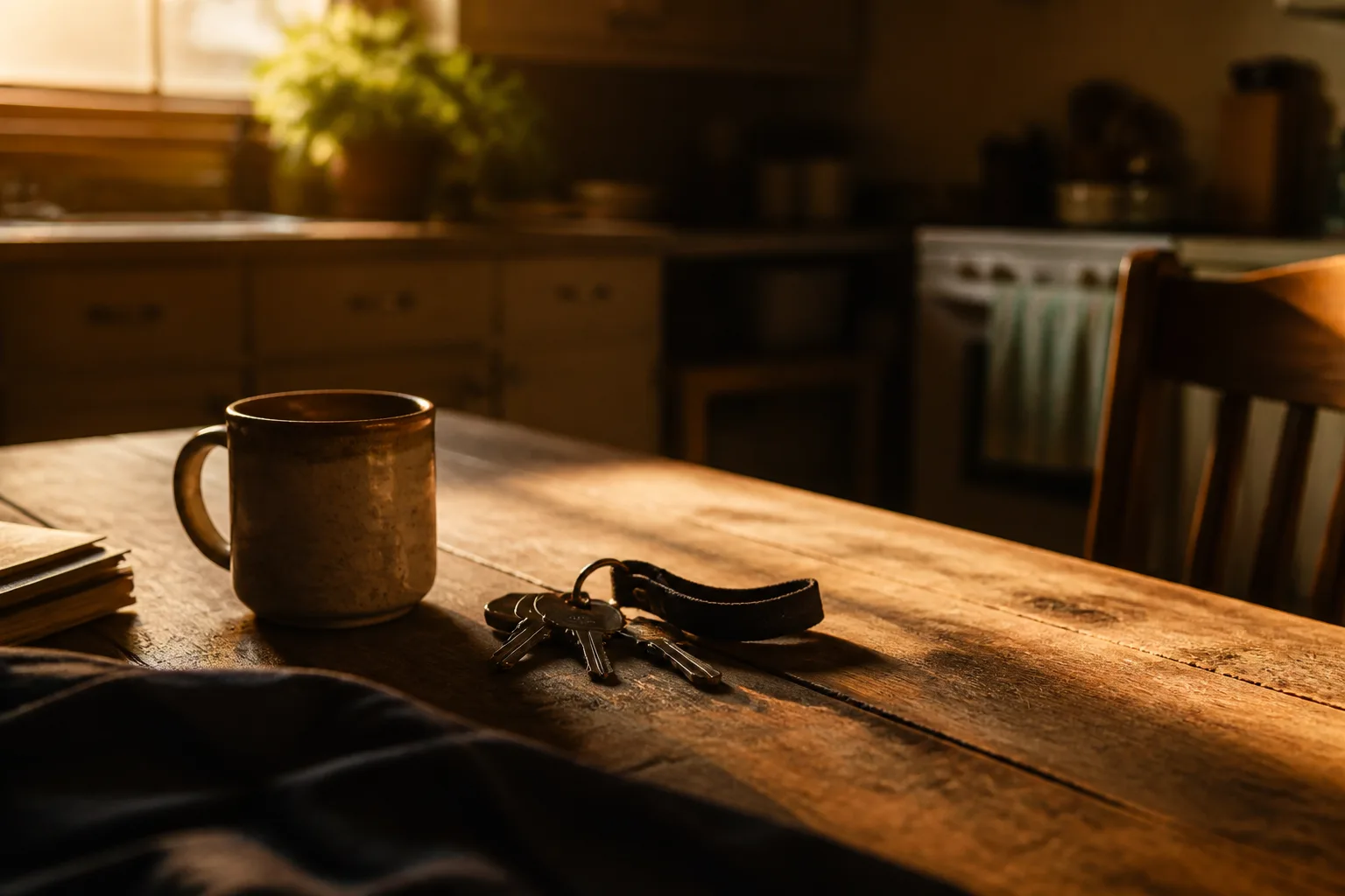 A coffee mug and a set of house keys on a warm wooden kitchen table in morning light — the everyday welcome of a member-owned credit union that lets you in