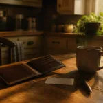 An open wallet with a plain card, a pen, and coffee on a sunlit kitchen table — opening an everyday checking account, a second chance