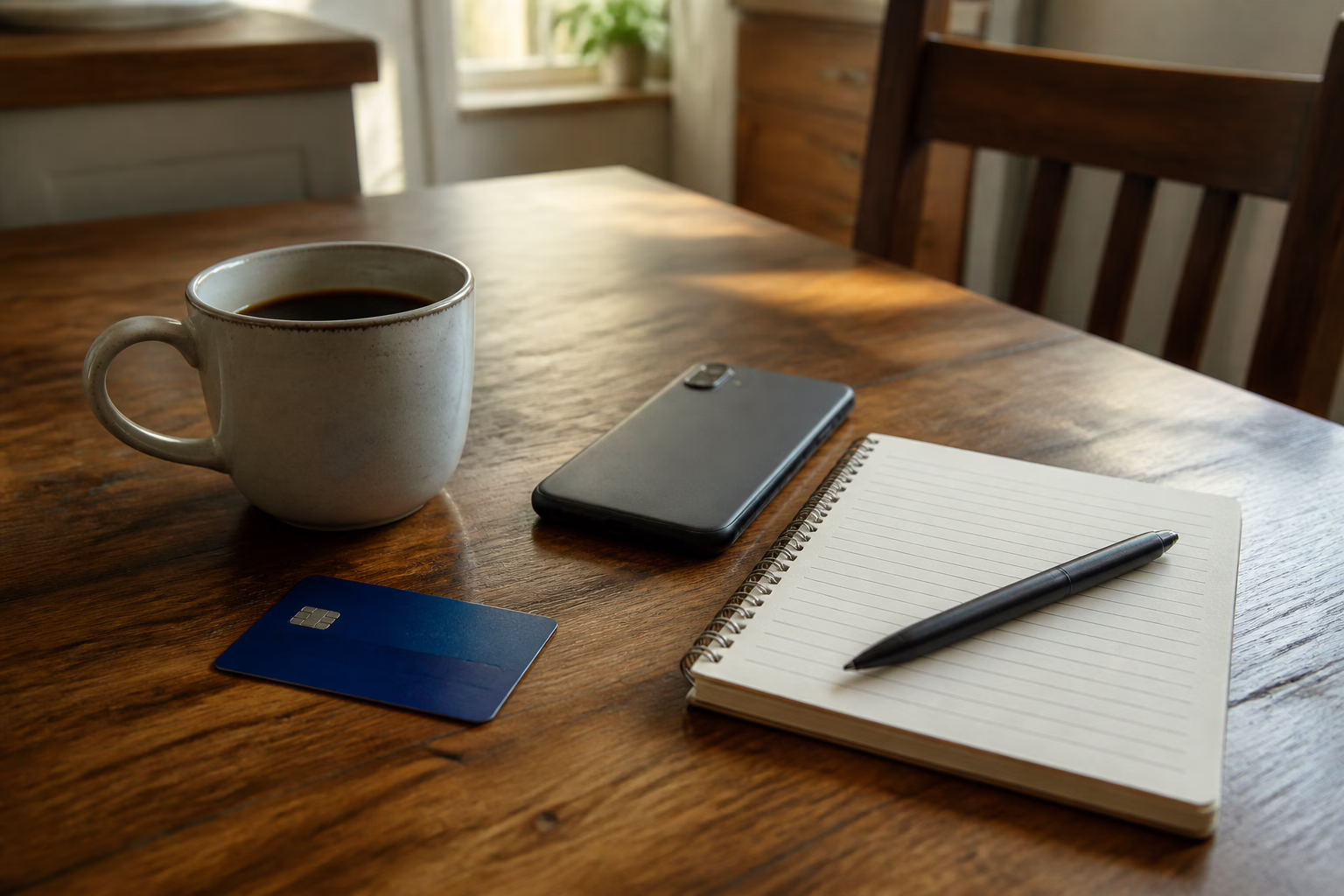 Everyday money tools — a phone, debit card, notebook and coffee on a kitchen table