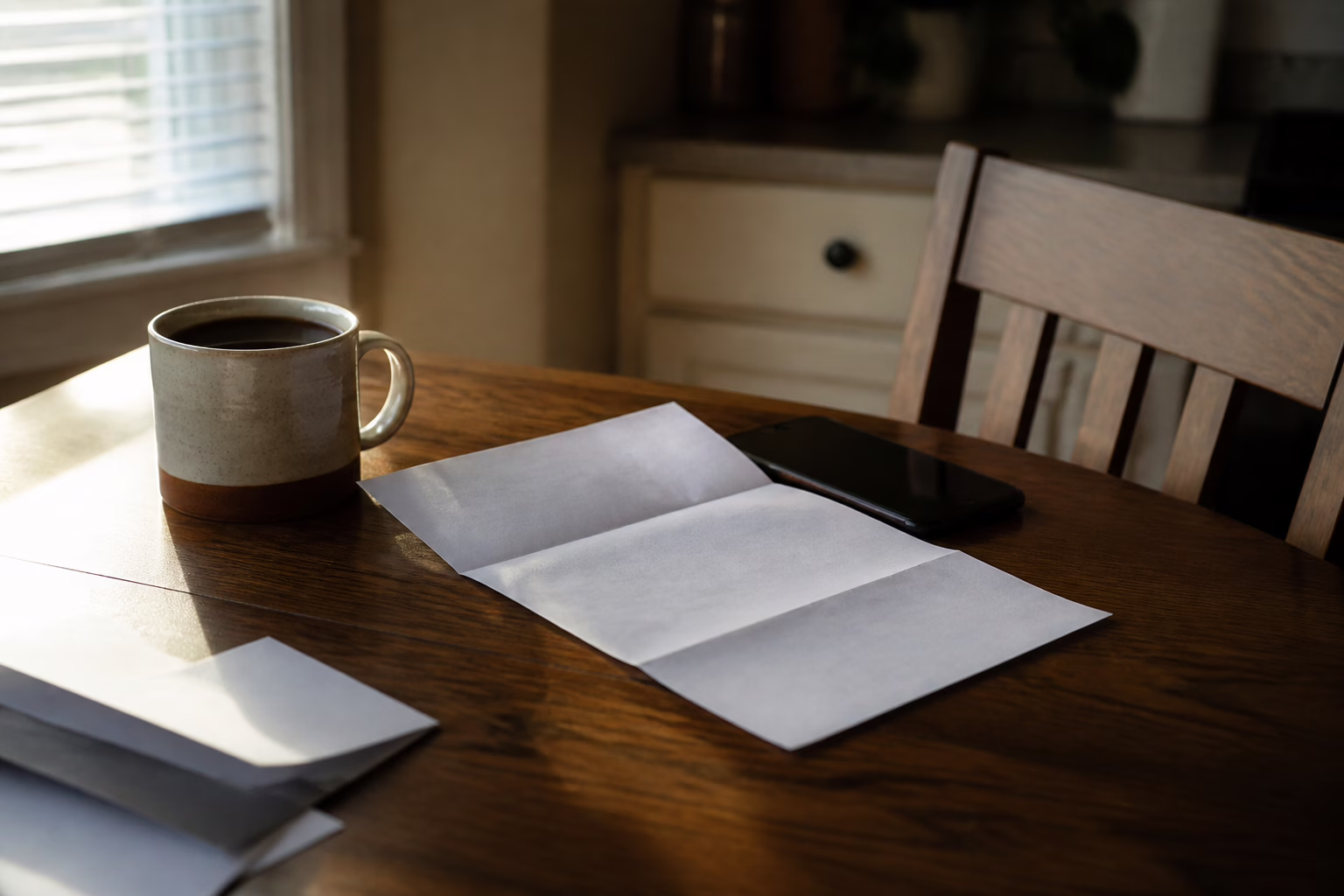 An opened letter, phone, and coffee on a kitchen table — what to do next after being turned down for a loan