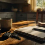 Car keys, an open notebook, a pen, and coffee on a kitchen table in morning light — working through upside-down car loan options