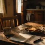 Two mismatched coffee mugs, an open notebook, and an extra chair pulled out at a sunlit kitchen table in Des Moines — the welcome of a member-owned credit union