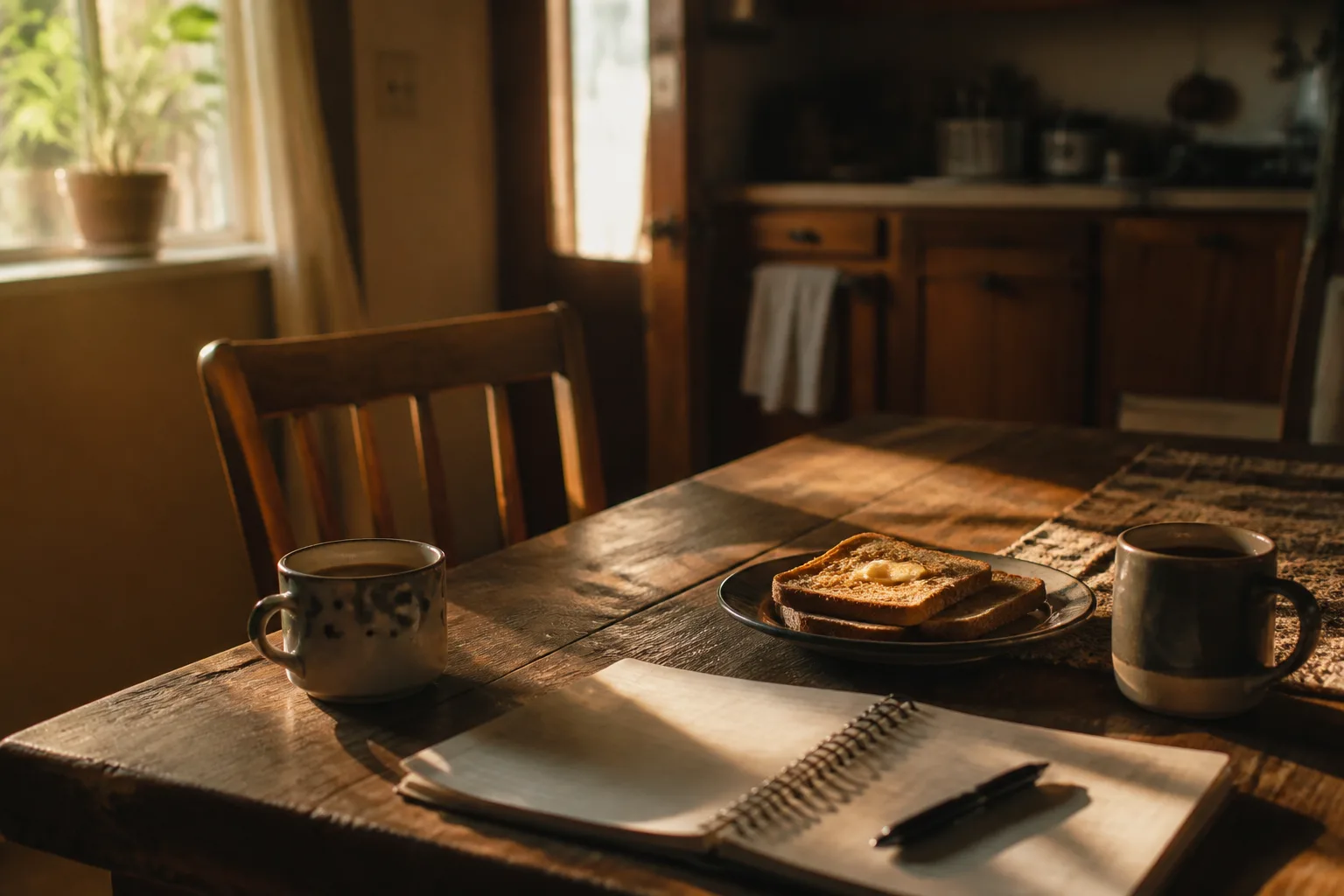 Two mismatched coffee mugs, an open notebook, and an extra chair pulled out at a sunlit kitchen table in Des Moines — the welcome of a member-owned credit union