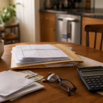 Pay stubs, bills, a calculator, and coffee arranged on a kitchen table — the whole financial picture beyond a credit score