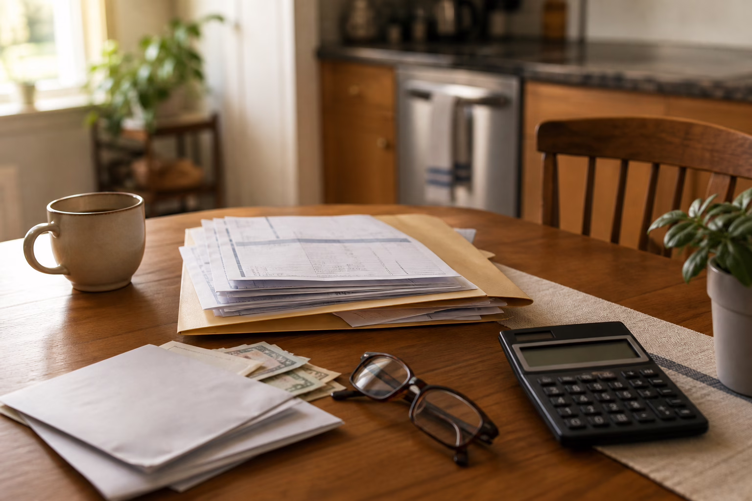 Pay stubs, bills, a calculator, and coffee arranged on a kitchen table — the whole financial picture beyond a credit score